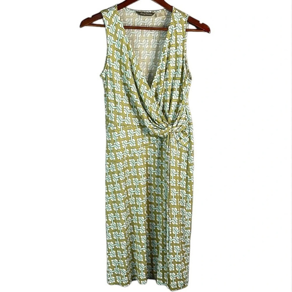 TOMMY BAHAMA Silk Surplice Chain Pattern Dress Ruched Sleeveless Summer 4-6 - Picture 2 of 11